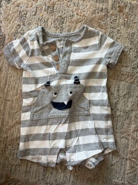 Carter's Gray and White Striped Romper with Monster Pocket